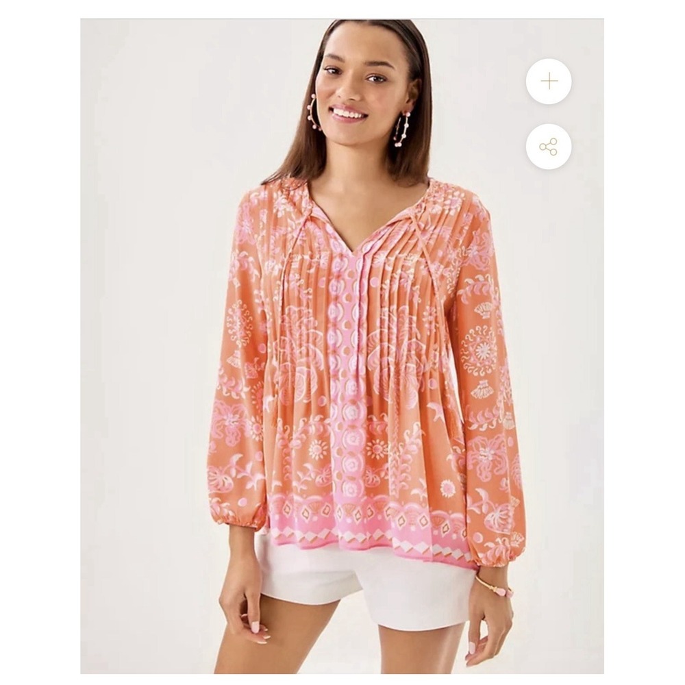 Lilly Pulitzer Marilina Tunic Papaya Breezy Palm  Long Sleeve Women Size Large
